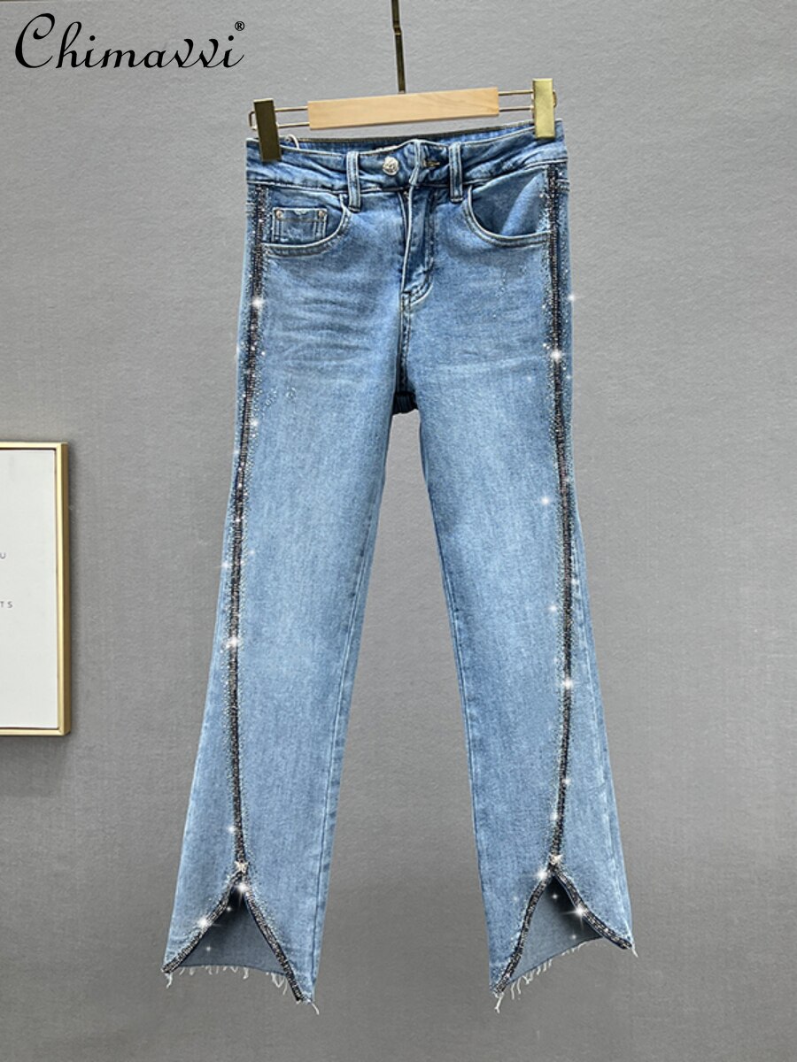 European Jeans for Women 2022 Summer Wear New Fashion High Waist Slim Fit Ins Hot Rhinestone Split Cropped Denim Boot-Cut Pants